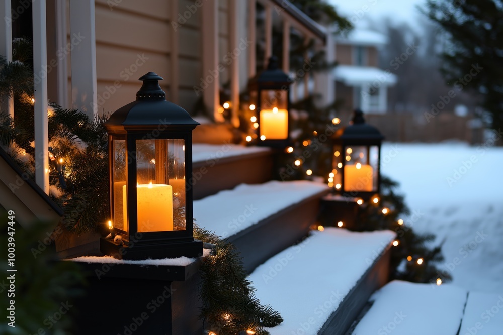 Black lanterns with flickering candles line a snowy staircase, wrapped in festive evergreen garland Black lanterns with flickering candles line a snowy staircase, wrapped in festive evergreen garland