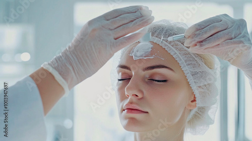 Una mujer rubia con bata médica y redecilla aplica crema facial en la frente del cliente durante un tratamiento facial en un salón de belleza. photo