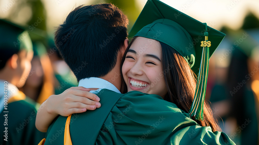 Fotografía de una joven feliz con toga y birrete de graduación verde abrazando a su novio en el instituto, captada con una cámara sin espejo Canon EOS R6 Mark II. Fotografía de una joven feliz con toga y birrete de graduación verde abrazando a su novio en el instituto, captada con una cámara sin espejo Canon EOS R6 Mark II.