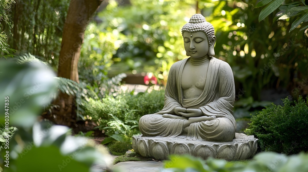 A serene stone Buddha statue meditating in a lush garden A serene stone Buddha statue meditating in a lush garden