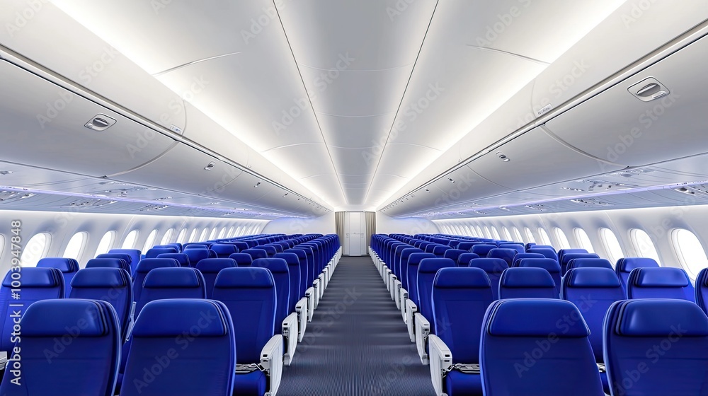 Fototapeta premium Inside a modern airplane, bright lights illuminate rows of blue seating, creating an inviting atmosphere for passengers as they prepare for takeoff