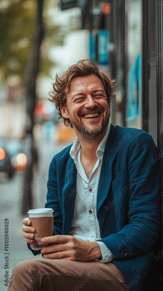 Un hombre feliz y sonriente de unos treinta años y pelo corto está sentado en la calle de Berlín y bebe café de una taza blanca. Lleva una chaqueta azul sobre una camisa oscura y corbata. Un hombre feliz y sonriente de unos treinta años y pelo corto está sentado en la calle de Berlín y bebe café de una taza blanca. Lleva una chaqueta azul sobre una camisa oscura y corbata.