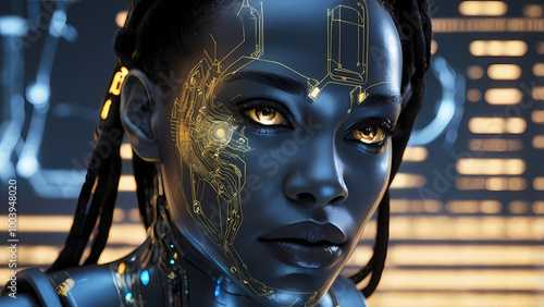 Futuristic, fantasy cyborg with Black female features, glowing circuits and eyes, and advanced robotic enhancements, merging high-tech and magical realism.