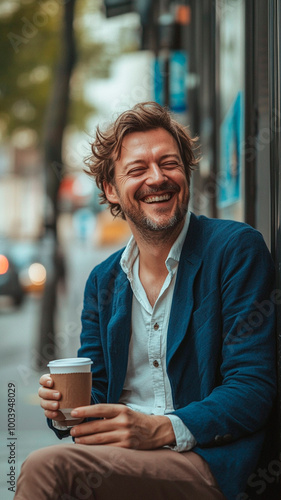 Un hombre feliz y sonriente de unos treinta años y pelo corto está sentado en la calle de Berlín y bebe café de una taza blanca. Lleva una chaqueta azul sobre una camisa oscura y corbata. 