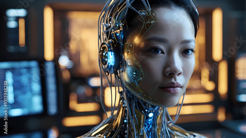 Asian female cyborg with futuristic design, glowing circuits, and robotic enhancements, blending technology and humanity in a high-tech world.