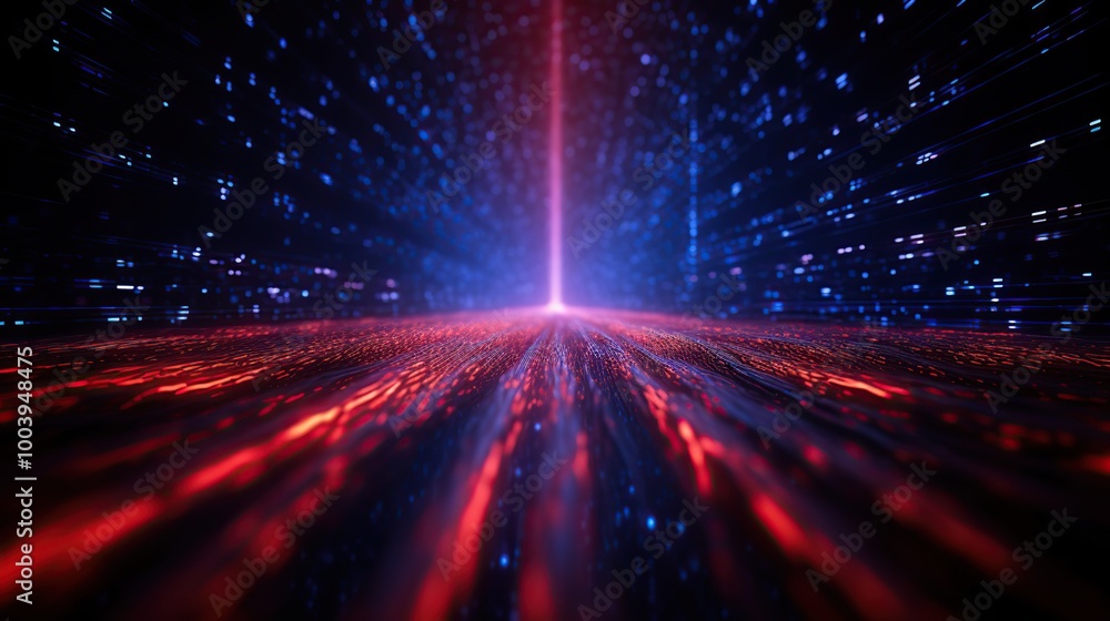 Obraz premium Abstract futuristic landscape with red and blue glowing lights and glowing particles