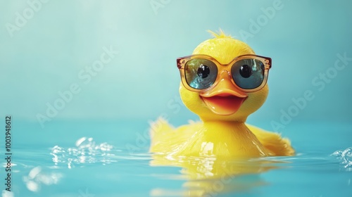 Playful Yellow Rubber Duck Swimming With Sunglasses in Tropical Pool