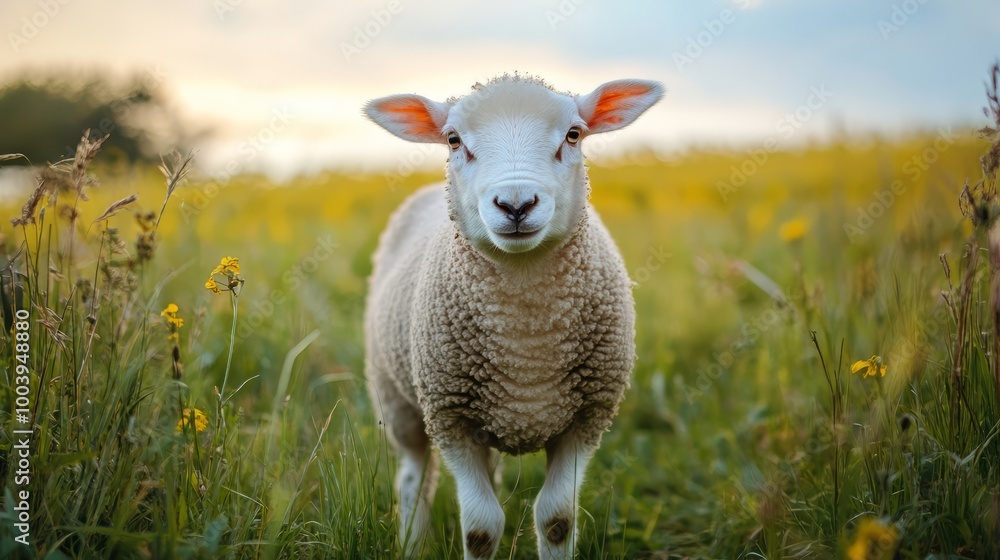 Fototapeta premium Adorable fluffy sheep lamb standing in a lush green meadow field