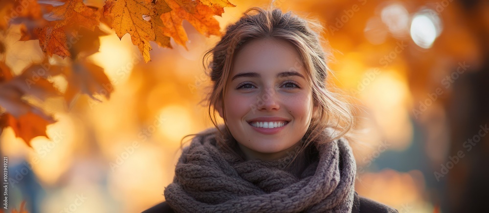 Smiling woman with autumn leaves in the background. Smiling woman with autumn leaves in the background.