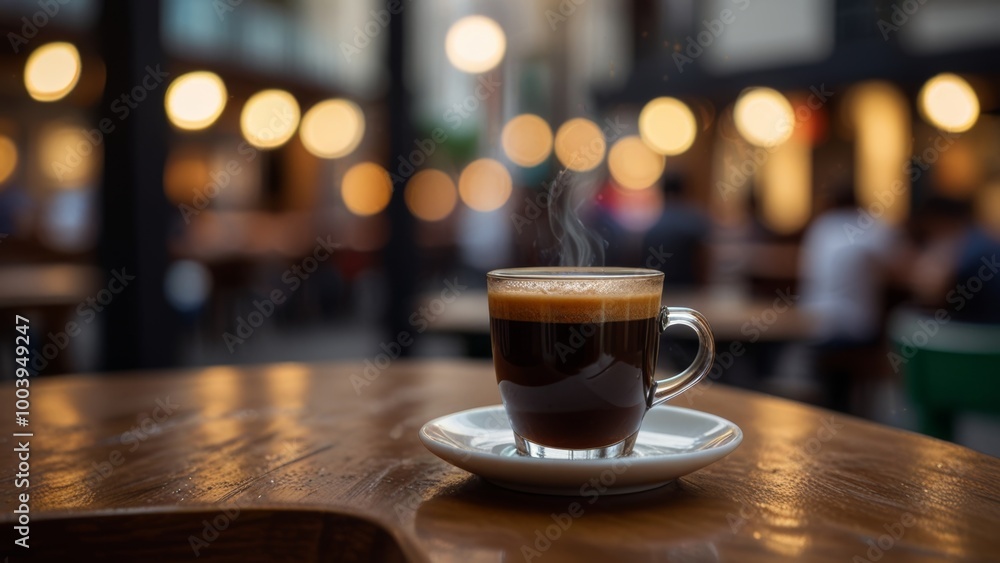 Coffee cup on a table with a blurred window and warm ambient lights behind Coffee cup on a table with a blurred window and warm ambient lights behind