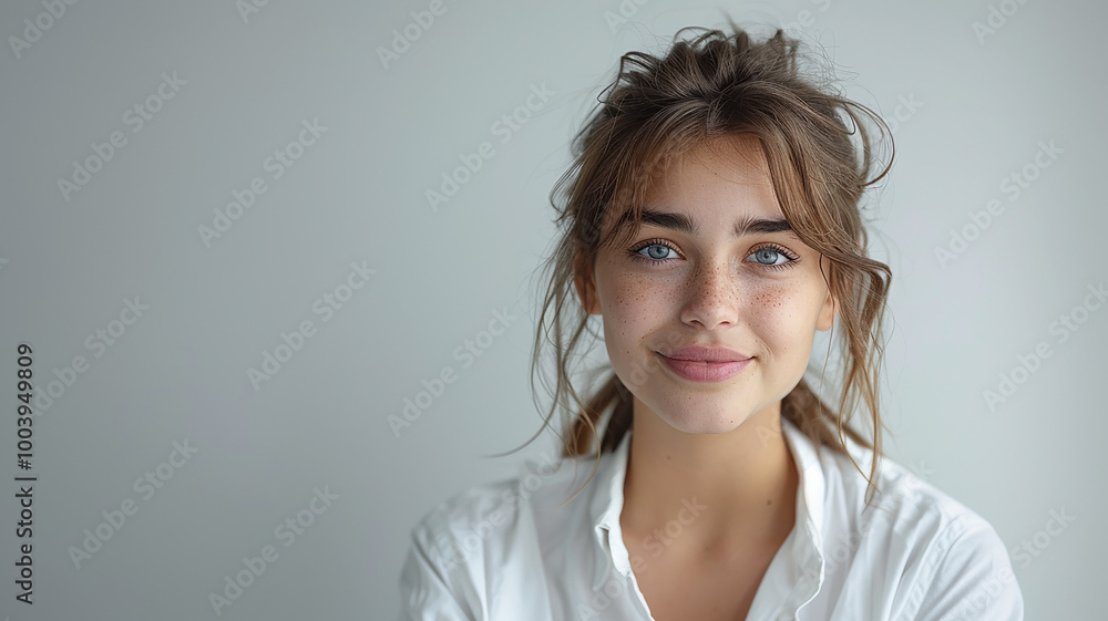 portrait of an adult girl in a white shirt on a gray background copy space portrait of an adult girl in a white shirt on a gray background copy space
