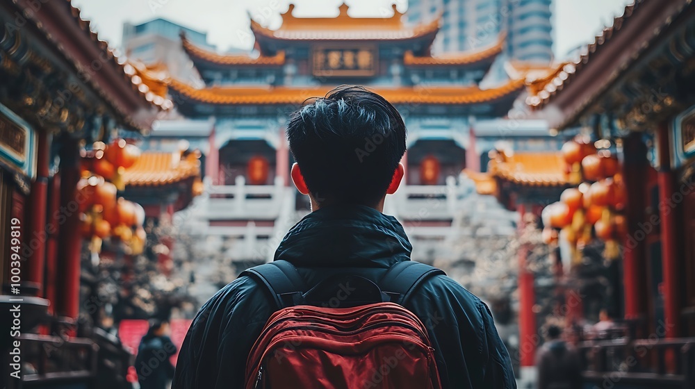 Naklejka premium Back View of a Man in Front of a Chinese Temple