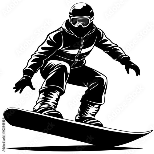 Snowboarder in Action: A dynamic vector illustration of a snowboarder executing a thrilling maneuver, captured in a bold black and white style. Perfect for adding an adrenaline rush to your designs. 