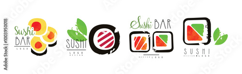 Sushi Bar Logo Design with Japanese Food Vector Set