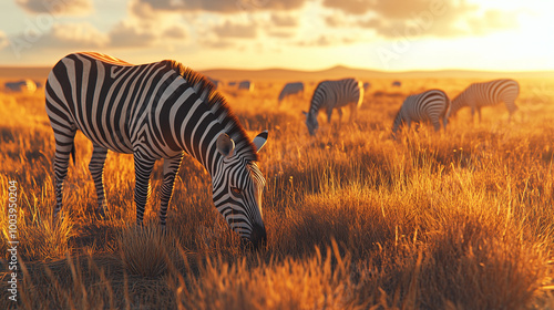 A group of zebras grazing peacefully on the savannah at sunset  photo