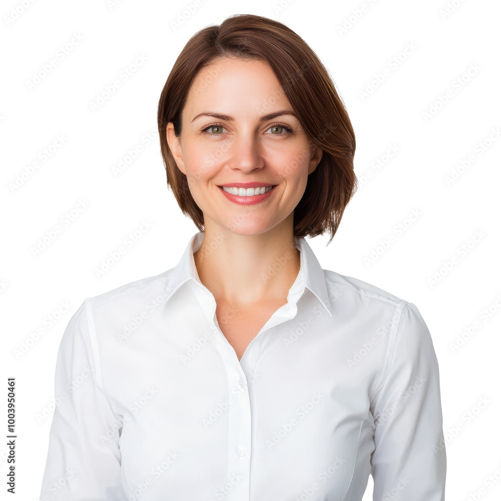 Smiling woman in white shirt, isolated on white background. transparent background Smiling woman in white shirt, isolated on white background. transparent background