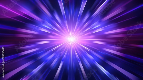 Abstract background of glowing blue and purple light rays converging on a white light in the center