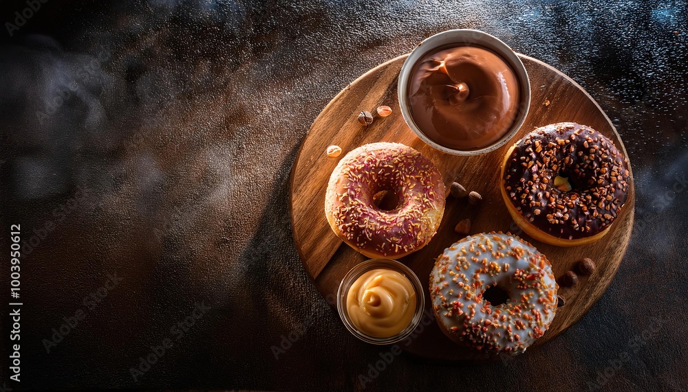 colorful donuts, stacked on a dark surface with festive lighting in the background. topped with a different glaze and sprinkles. rich chocolate glaze with sprinkled bits colorful donuts, stacked on a dark surface with festive lighting in the background. topped with a different glaze and sprinkles. rich chocolate glaze with sprinkled bits
