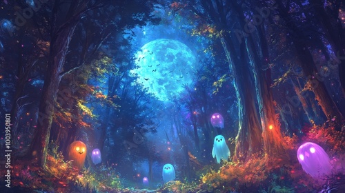 Enchanted Anime Ghost Forest with Colorful Specters and Glowing Moon