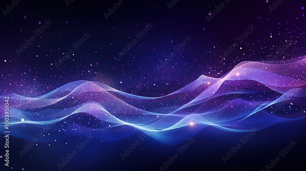 Abstract Purple and Blue Wavy Lines with Glowing Stars in Dark Space Background Abstract Purple and Blue Wavy Lines with Glowing Stars in Dark Space Background