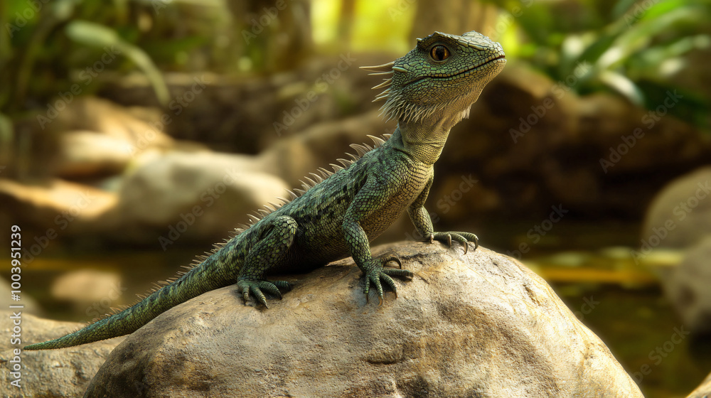An elegant water dragon perched on a rock An elegant water dragon perched on a rock