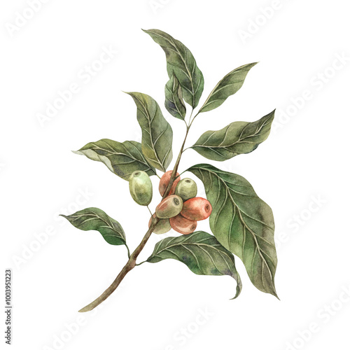 Coffee plant with tropical green leaves. Red ripe coffee fruits and unripe berries. Hand drawn watercolor illustration on isolated background for shop, cafe, banner, postcard, coffee packaging design
