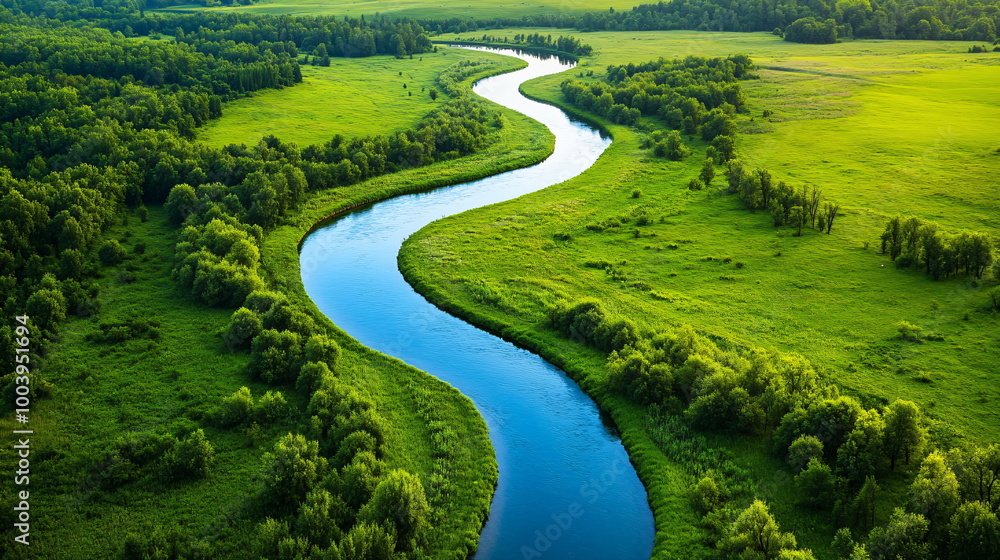 Aerial view of a winding river through a green forest Aerial view of a winding river through a green forest