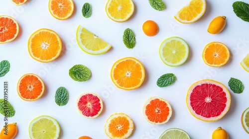 Assortment of Vibrant Citrus Fruit Slices on a Light Background