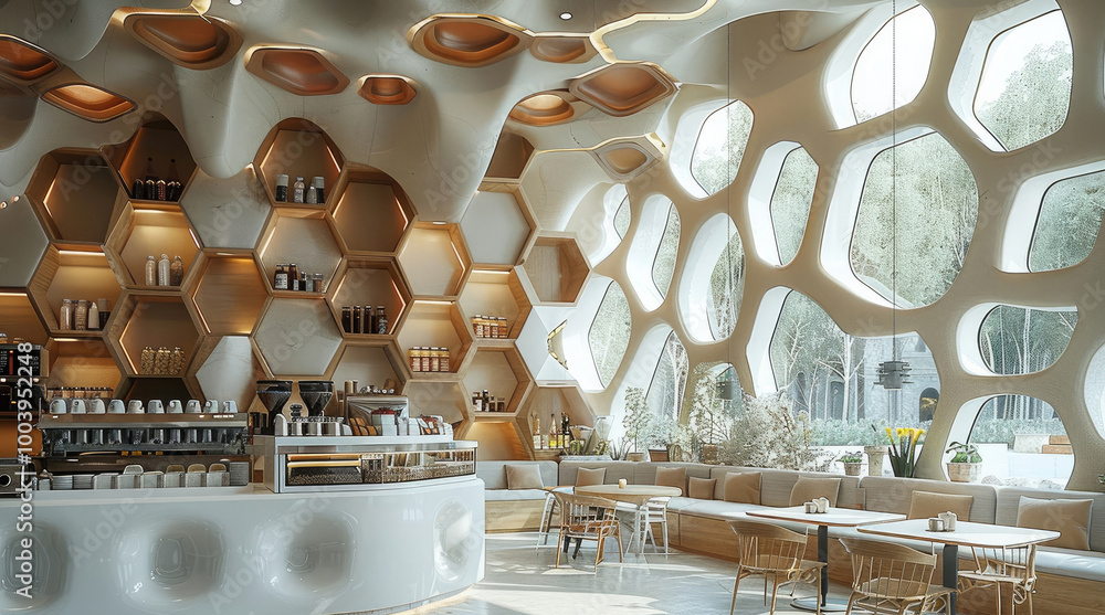 The interior of the cafe using the hexagonal structure of honeycomb. The interior of the cafe using the hexagonal structure of honeycomb.