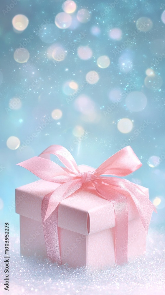 Gift box with pink ribbon on sparkling Gift box with pink ribbon on sparkling