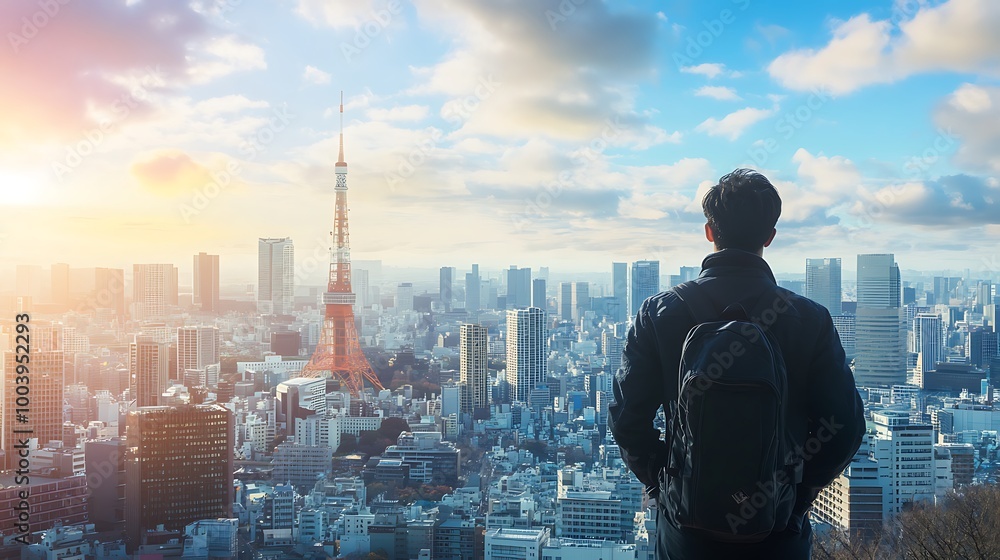 Tokyo Skyline and a Man with a Backpack Tokyo Skyline and a Man with a Backpack