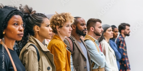 A diverse group of people standing in line at a polling station, ready to vote