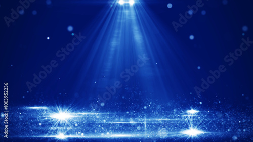 Blue stage scene illuminated with bright spotlights with shiny abstract particles floating in the air. Effect on dark blue background.