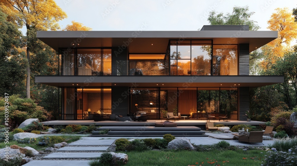 Modern two-story house with large windows in a serene garden setting. Modern two-story house with large windows in a serene garden setting.