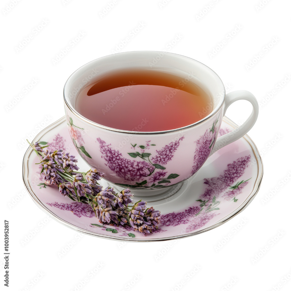 Fototapeta premium Traditional tea cup with lavender flowers on saucer, white isolated background. transparent background