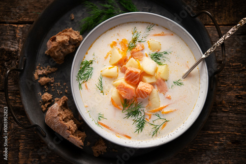 Traditional Finnish soup of fish soup with salmon