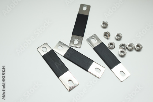 Bus bar for Lithium LiFepo4 rechargeable battery cell module ready to connect. Electrical bus on white background