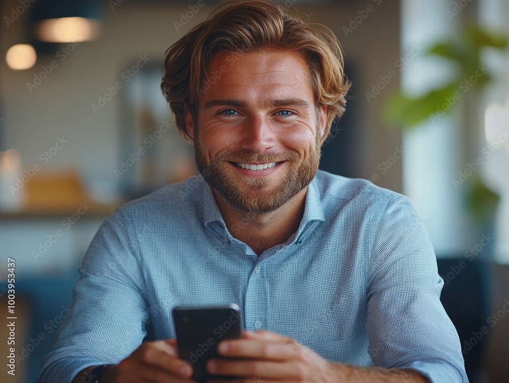 Bearded Man Sitting at Table with Phone