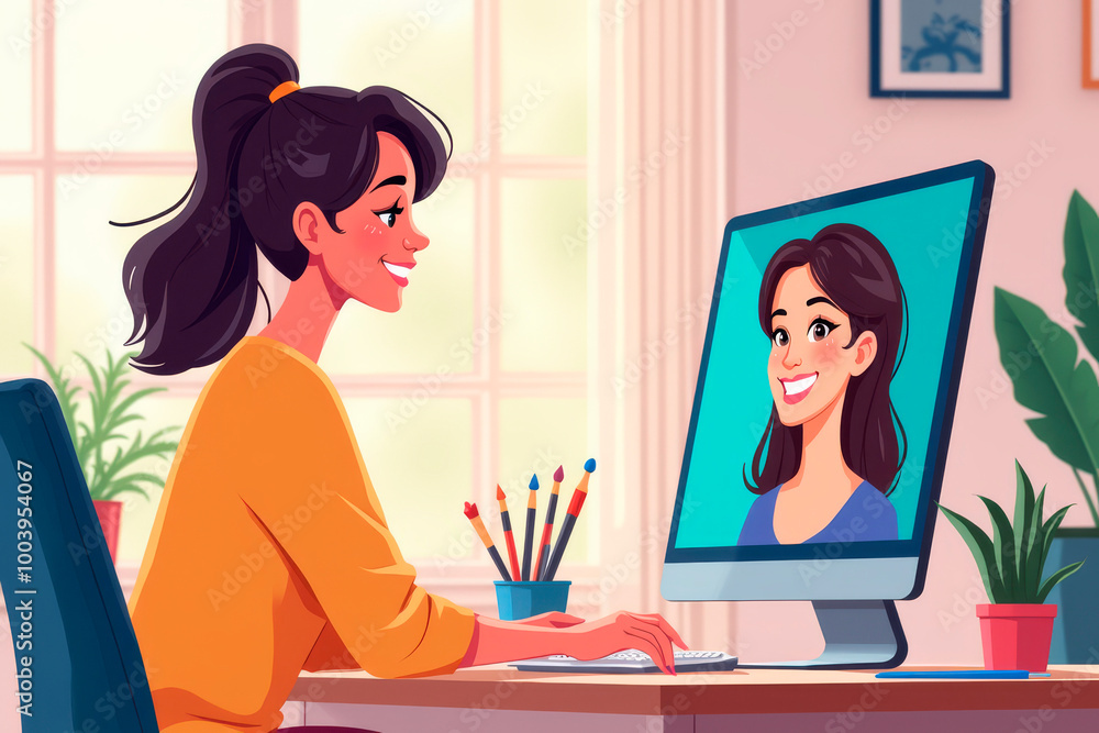 Cheerful woman in video call with smiling colleague on computer screen in bright home office. Cheerful woman in video call with smiling colleague on computer screen in bright home office.