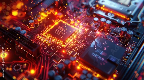 Close-up of a glowing microchip on a motherboard with vibrant lights, showcasing the complexity of modern technology and computing.