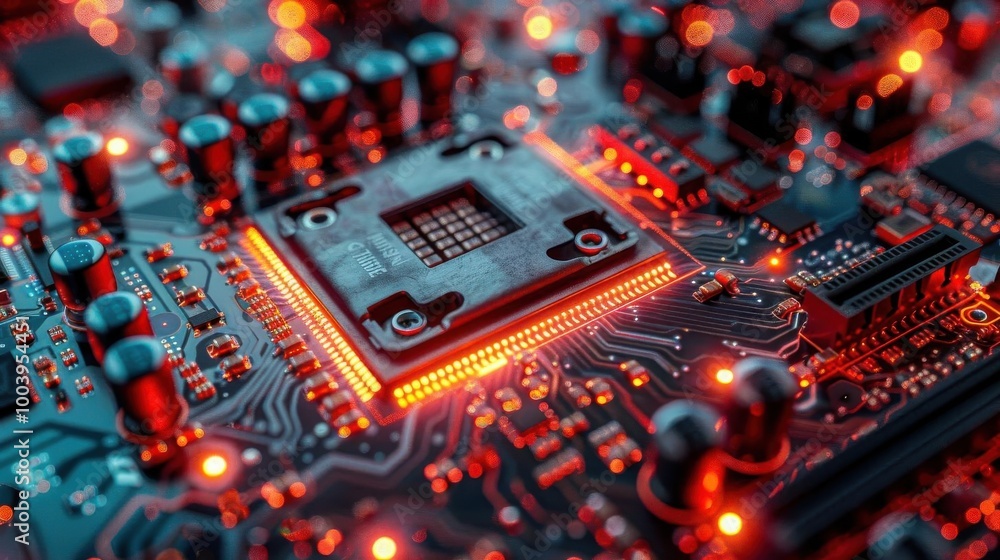 Close-up of a glowing microchip on a motherboard with vibrant lights, showcasing the complexity of modern technology and computing. Close-up of a glowing microchip on a motherboard with vibrant lights, showcasing the complexity of modern technology and computing.