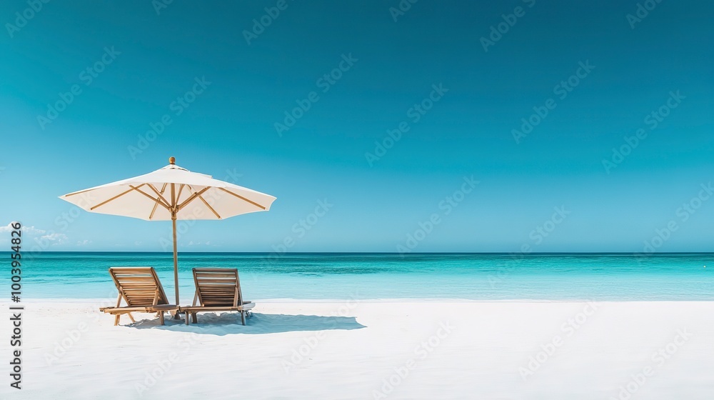 Fototapeta premium White sandy beach with two wooden lounge chairs under a large umbrella, clear blue sky and calm turquoise sea creating a serene vacation atmosphere. 