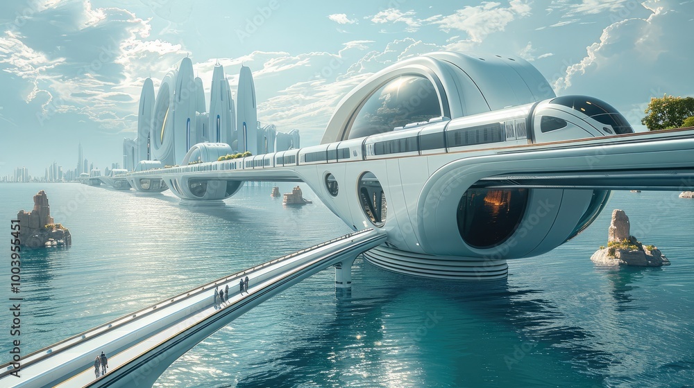 A city floating on the ocean and connected by a high speed train. A city floating on the ocean and connected by a high speed train.