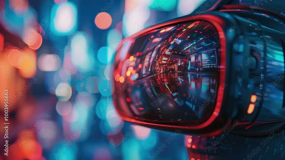 Abstract close-up of VR headset reflecting vibrant city lights at night, showcasing futuristic technology in a neon-illuminated urban environment. Abstract close-up of VR headset reflecting vibrant city lights at night, showcasing futuristic technology in a neon-illuminated urban environment.