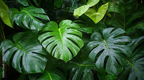 lush tropical green leaves with morning water drops and sunlight in a fresh natural forest setting