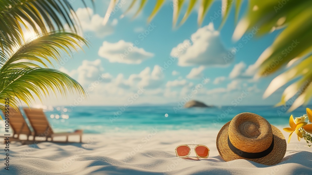 Obraz premium tropical beach with sunbathing accessories summer holiday concept 3d illustration