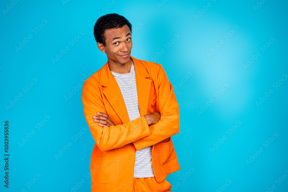 Photo of gentleman guy feel modern cool cross arms look wear trend stylish outfit isolated cyan color background Photo of gentleman guy feel modern cool cross arms look wear trend stylish outfit isolated cyan color background