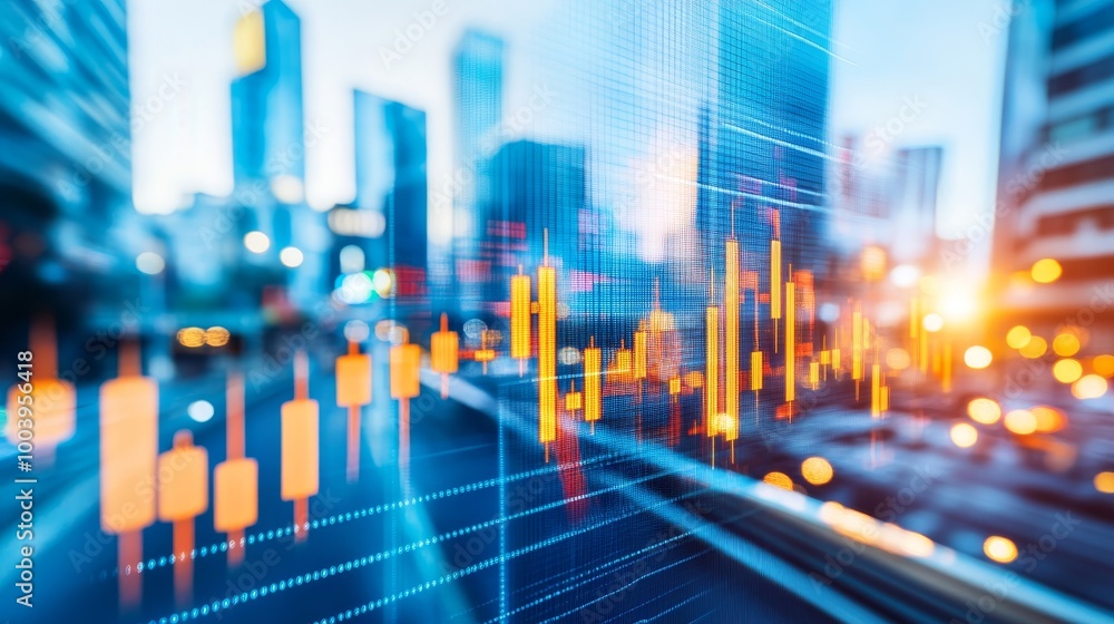 Financial Charts, Graphs, Modern Business District Skyline, Cityscape Perspective, Stock Market Data Financial Charts, Graphs, Modern Business District Skyline, Cityscape Perspective, Stock Market Data