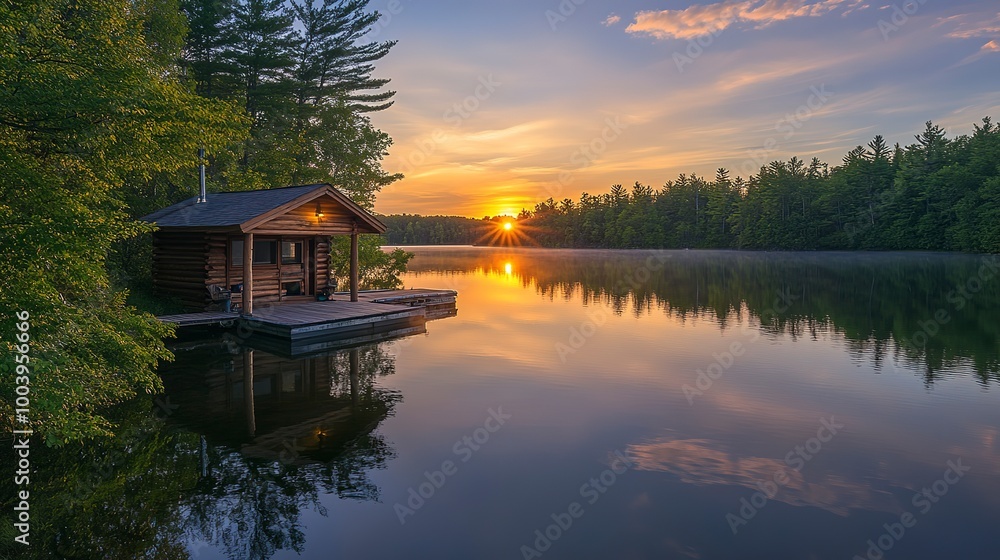 Fototapeta premium tranquil sunset cruise , pristine lake cabin cruiser , stunning reflective dock , picturesque landscape photo 