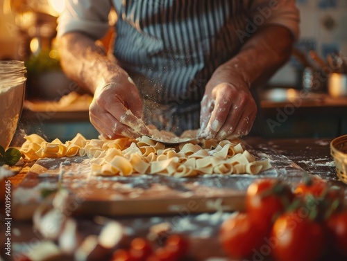 Chef preparing fresh homemade pasta in a cozy kitchen, surrounded by ingredients like flour and tomatoes, under warm lighting.